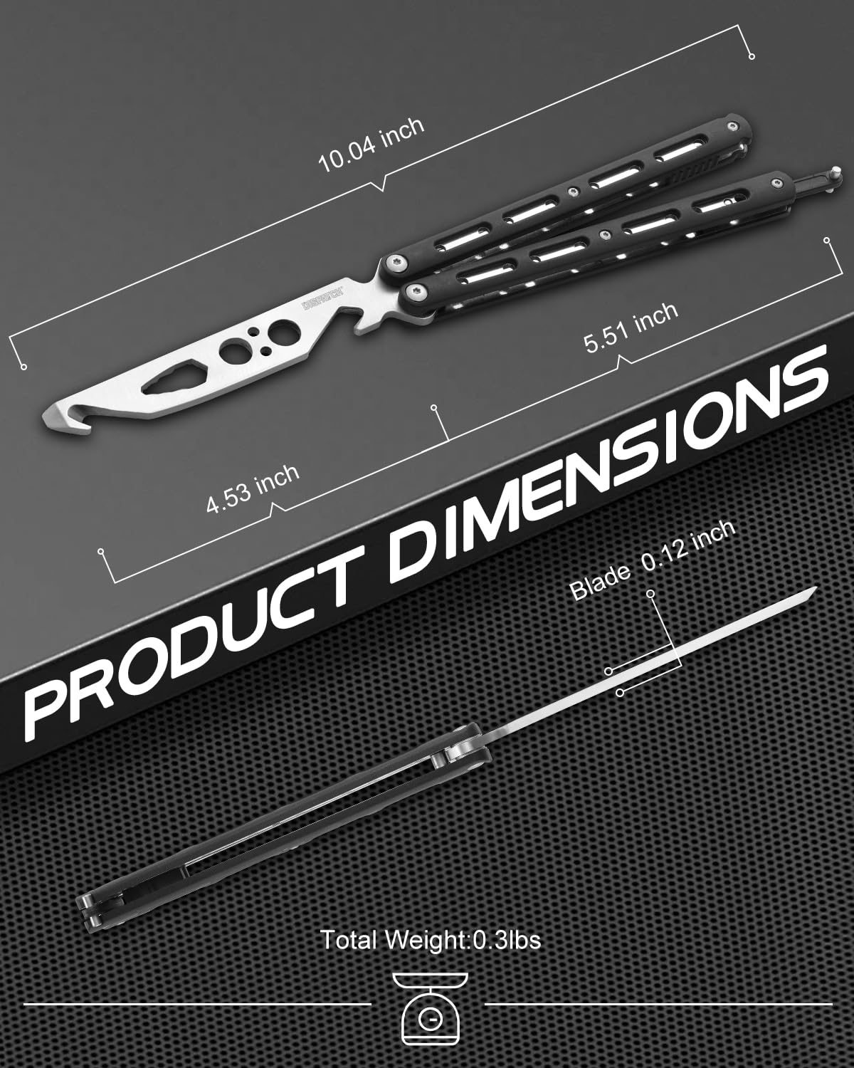 Dispatch Practice Butterfly Knife Trainer shows ABS handle for lighter, beginner-friendly use.