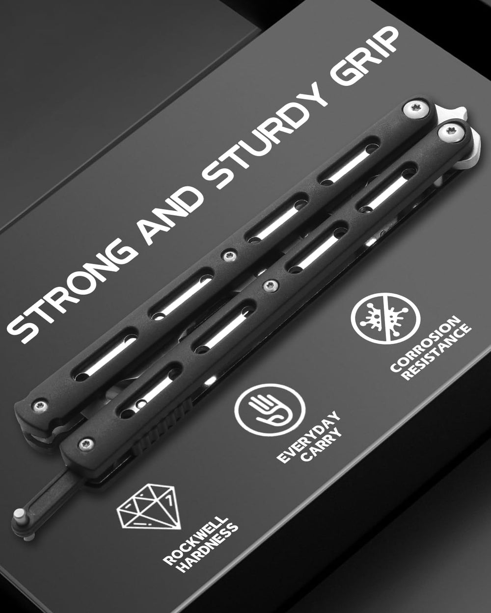 Dispatch Practice Butterfly Knife Trainer uses 3Cr13 steel and anti-rust screws for durability.