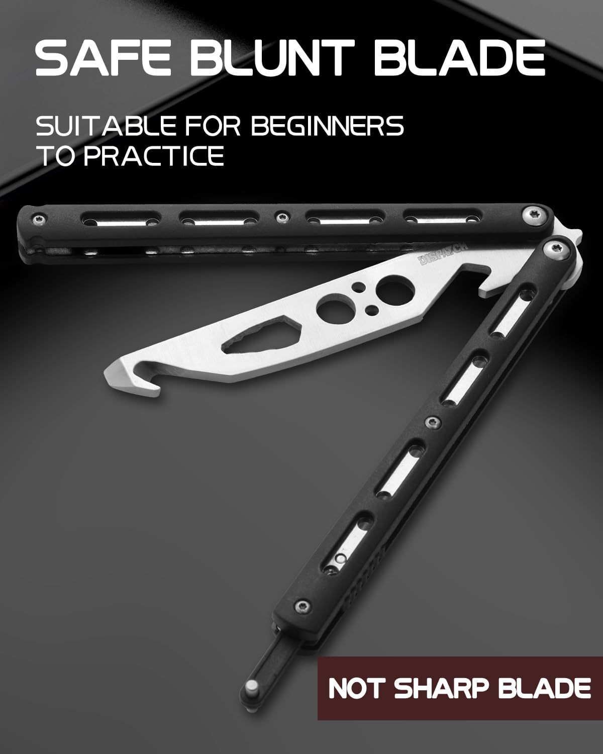 Dispatch Practice Butterfly Knife Trainer features a secure lock latch for safe handling.