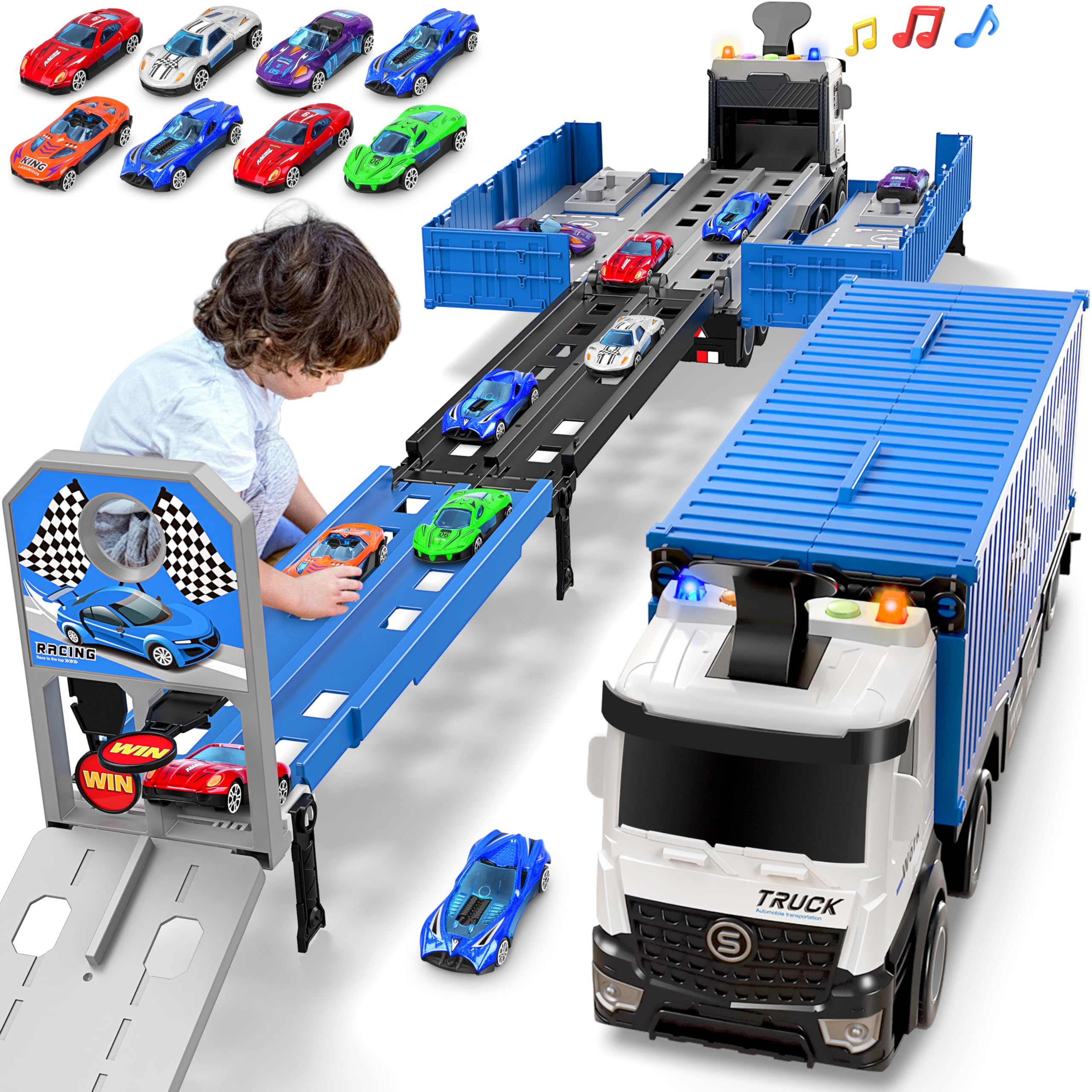 Diuerma carrier truck race track foldable 3-layer setup supports versatile at-home play.