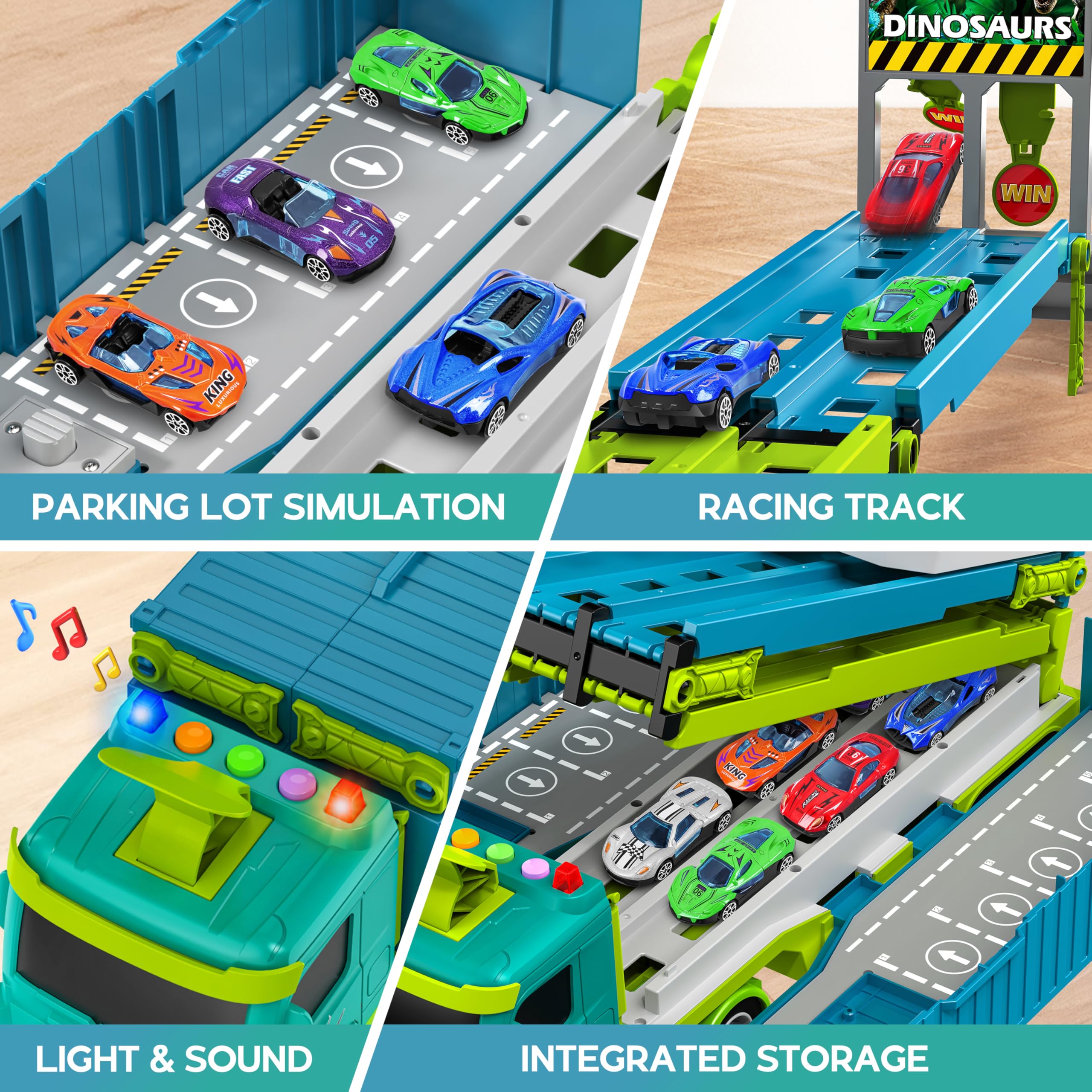 Diuerma flashing lights and horns enhance sensory play during races.