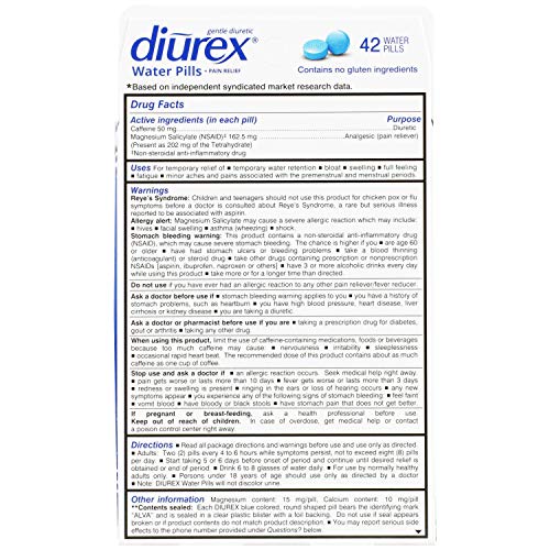 Closeup of Diurex water pills tablets—small, easy to swallow for bloating relief.