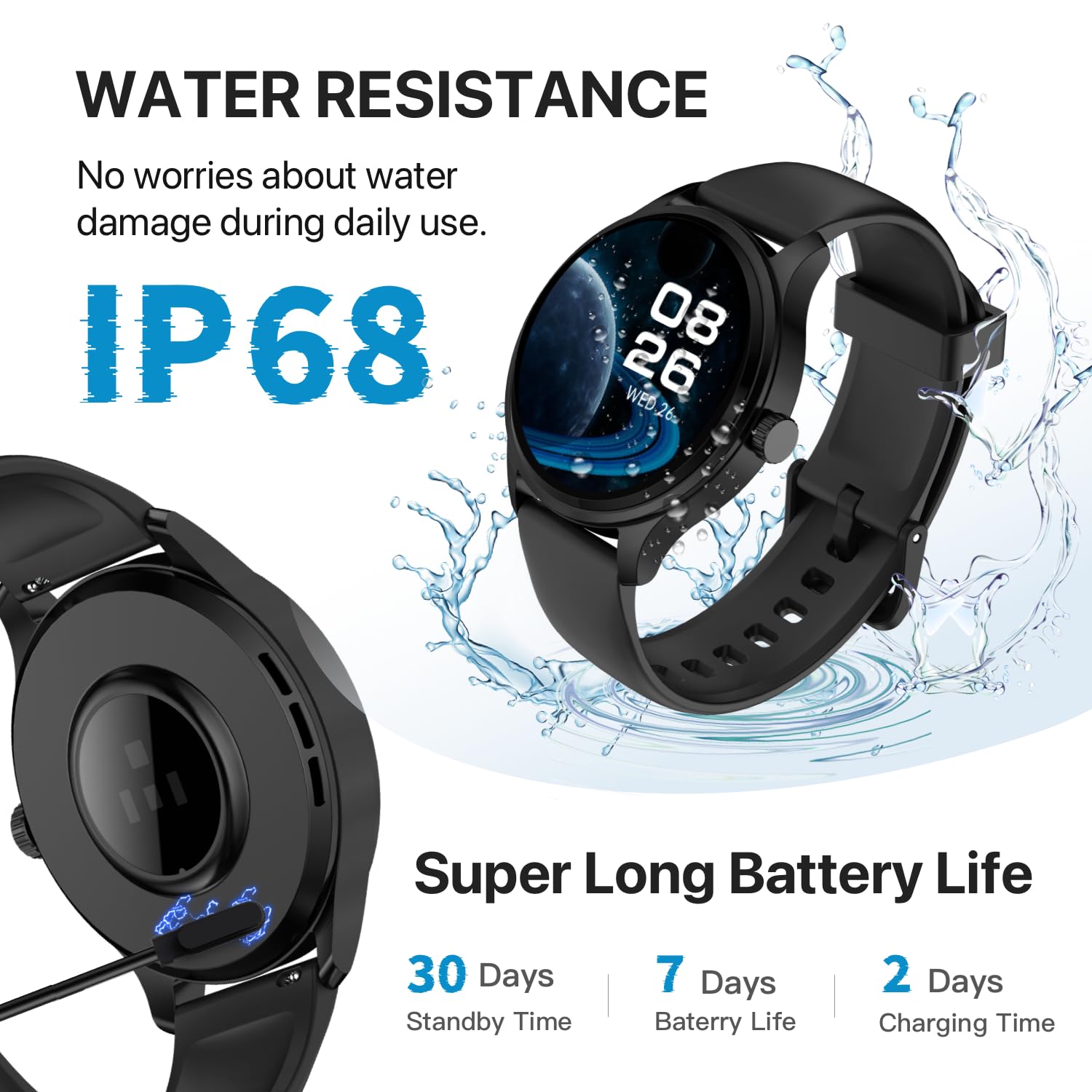 DIVElink Smart Watch battery life up to 10 days with normal use.