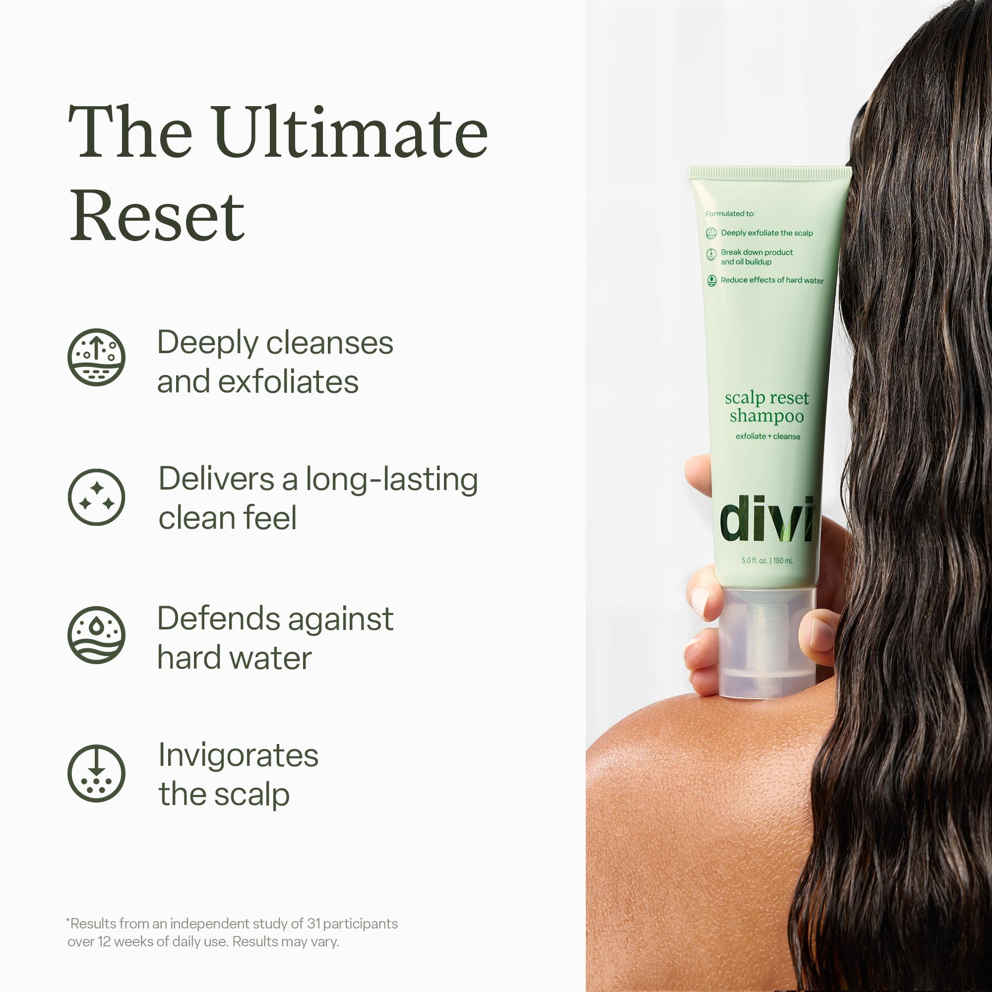 Divi Clarifying Scalp Reset exfoliating particles closeup for gentle residue removal.