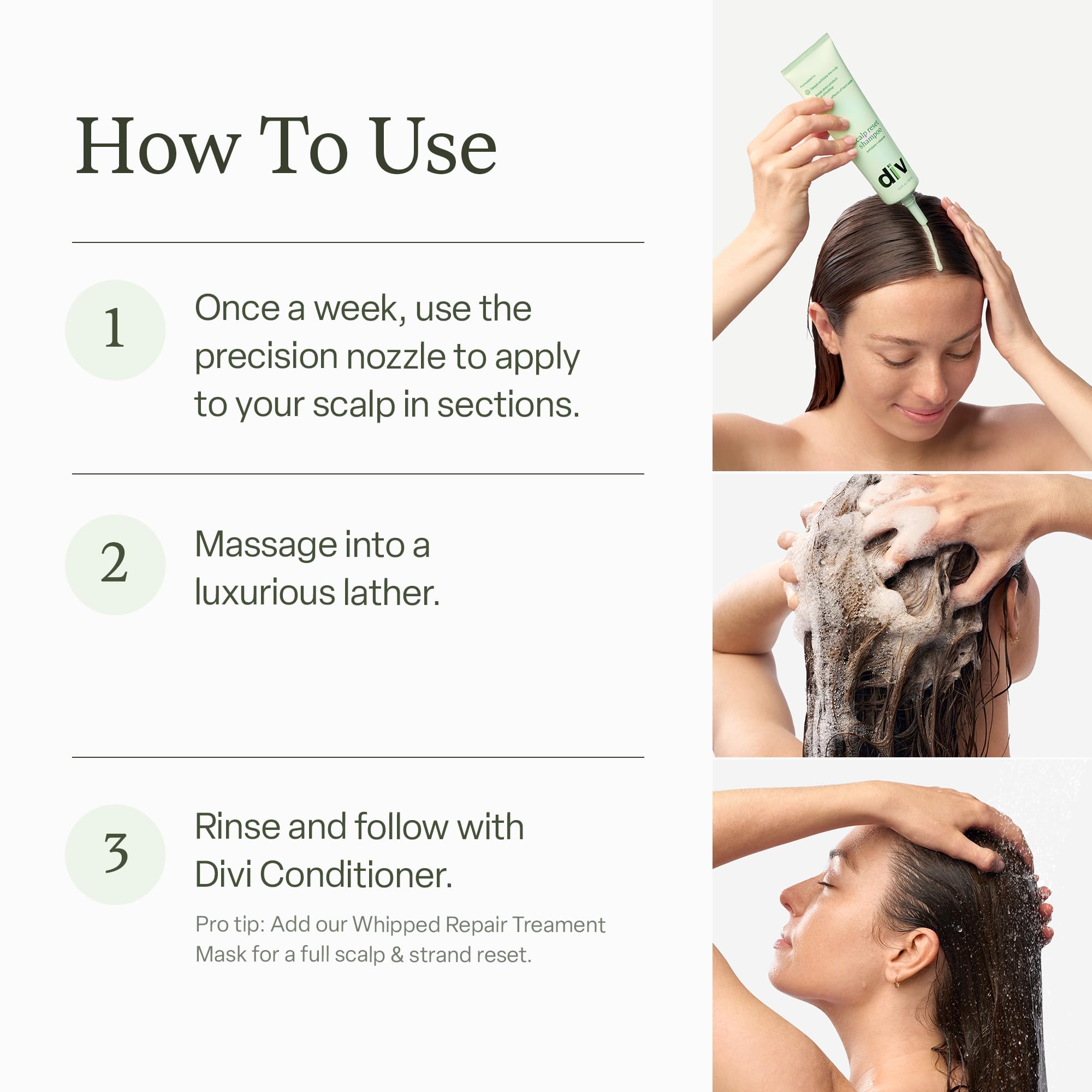 Divi Clarifying Scalp Reset foam application demonstrates gentle wash.