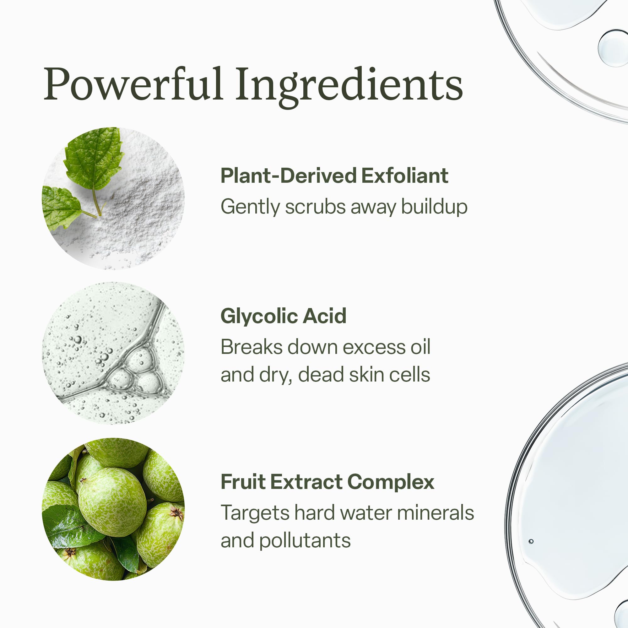 Divi Clarifying Scalp Reset ingredient graphic emphasizes plant derived scrub particles.