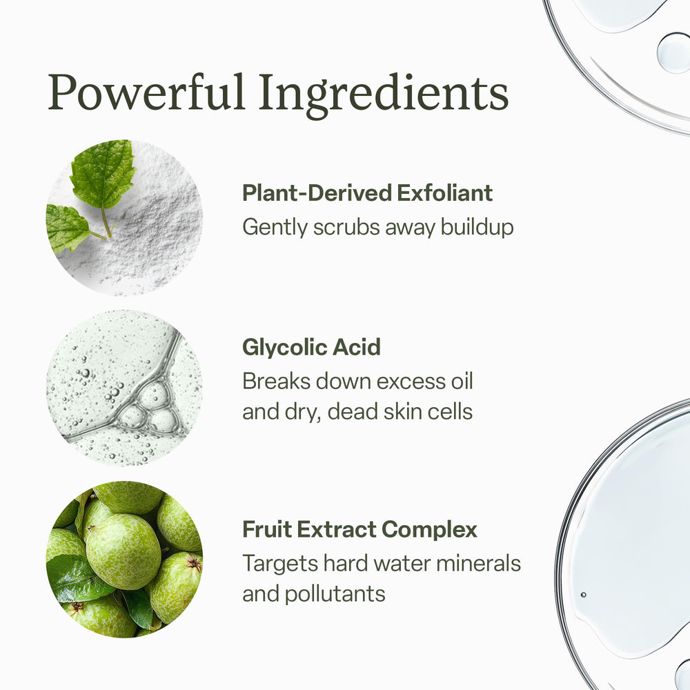 Divi Clarifying Scalp Reset ingredient graphic emphasizes plant derived scrub particles.