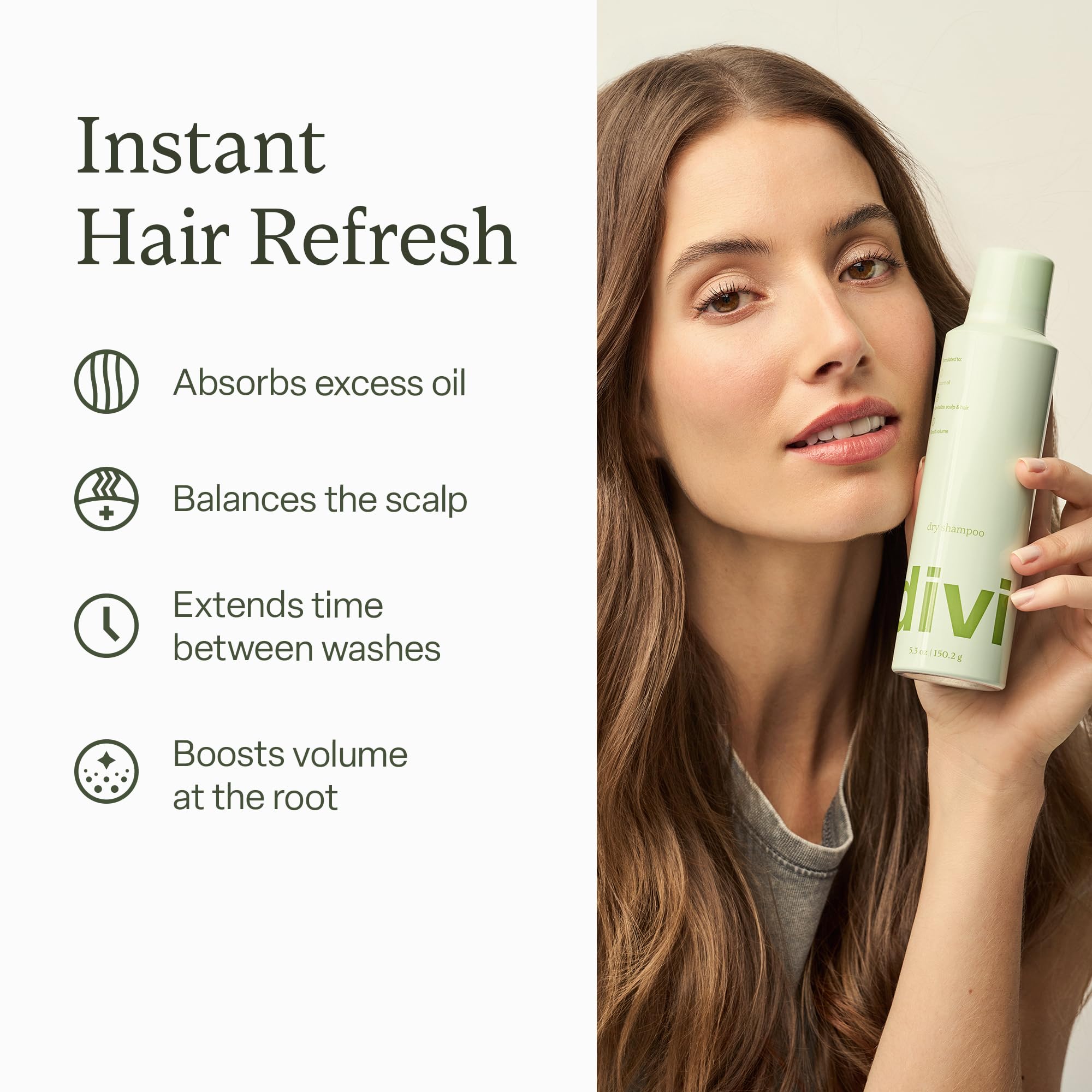 Divi Dry Shampoo spray application provides precise coverage for scalp refresh.