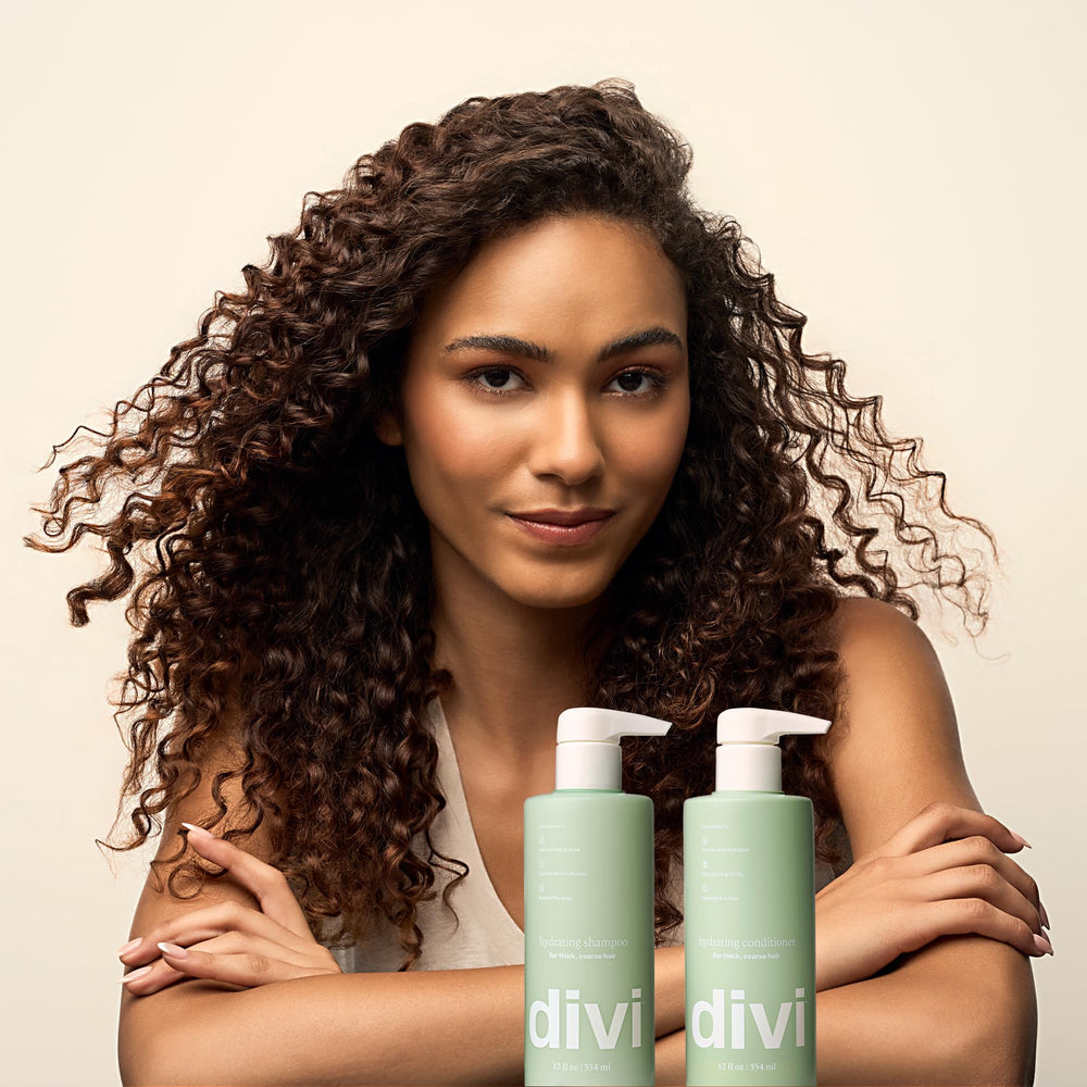 Divi hair-care routine setup with both bottles ready to use.