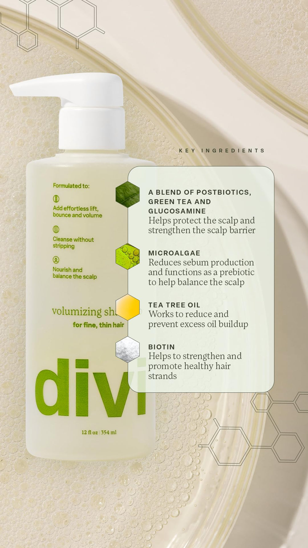 Divi postbiotics and green tea solution for scalp balance