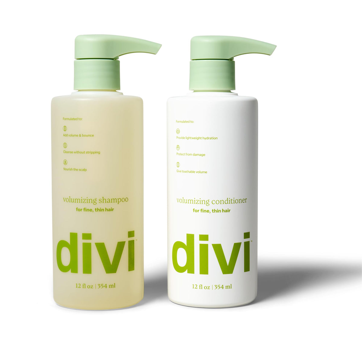 Divi volumizing shampoo bottle showing lightweight lift for fine hair