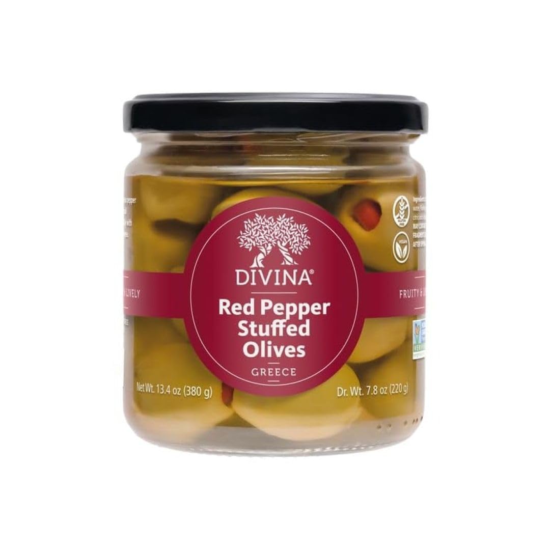 Divina red pepper stuffed olives 13oz front view, premium appetizer ready to serve