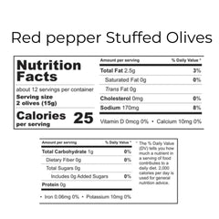 Divina red pepper stuffed olives 13oz side view, pairs with cheese and salami