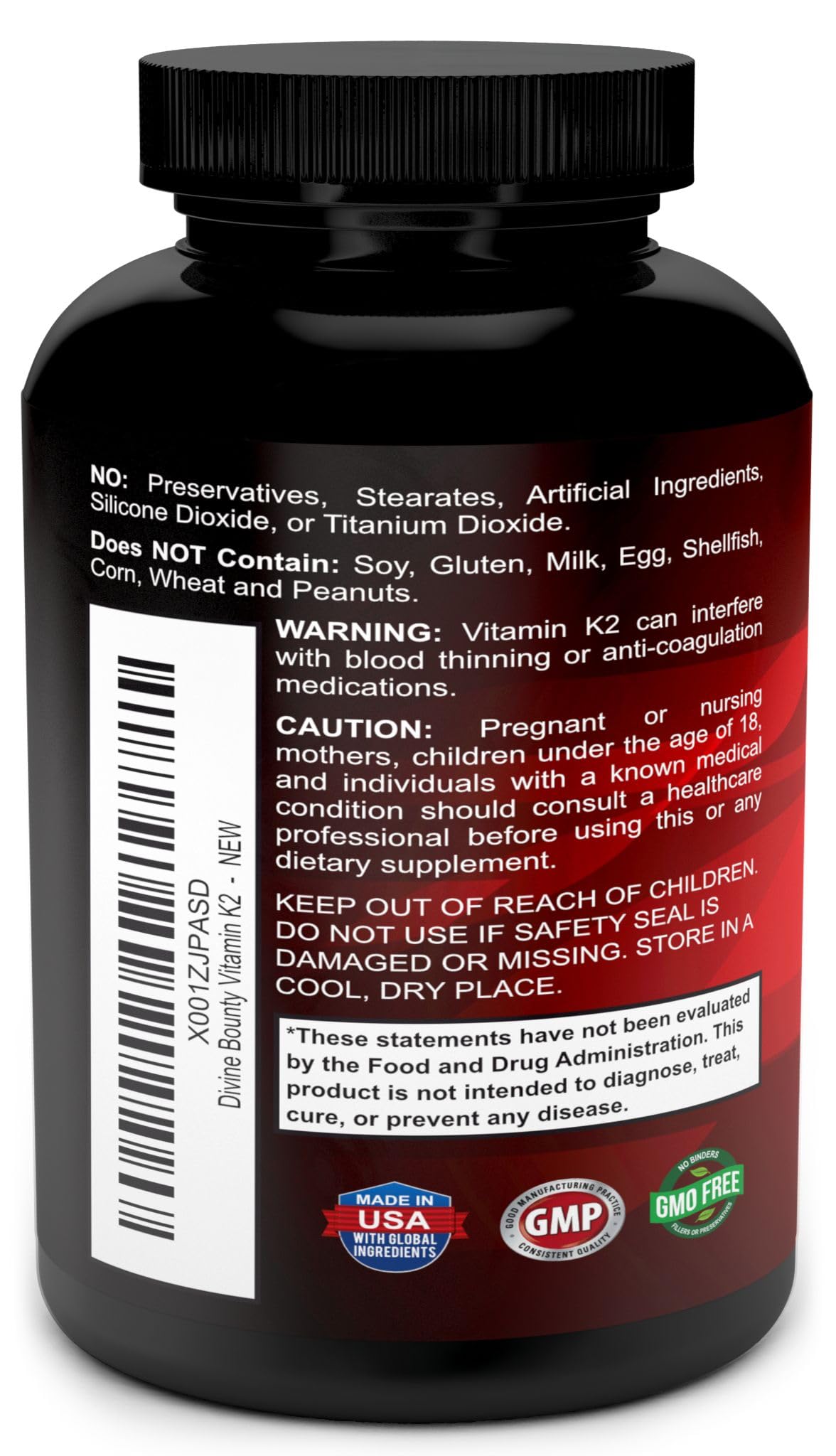 Divine Bounty label close-up showing MK-4 and MK-7 ingredients.