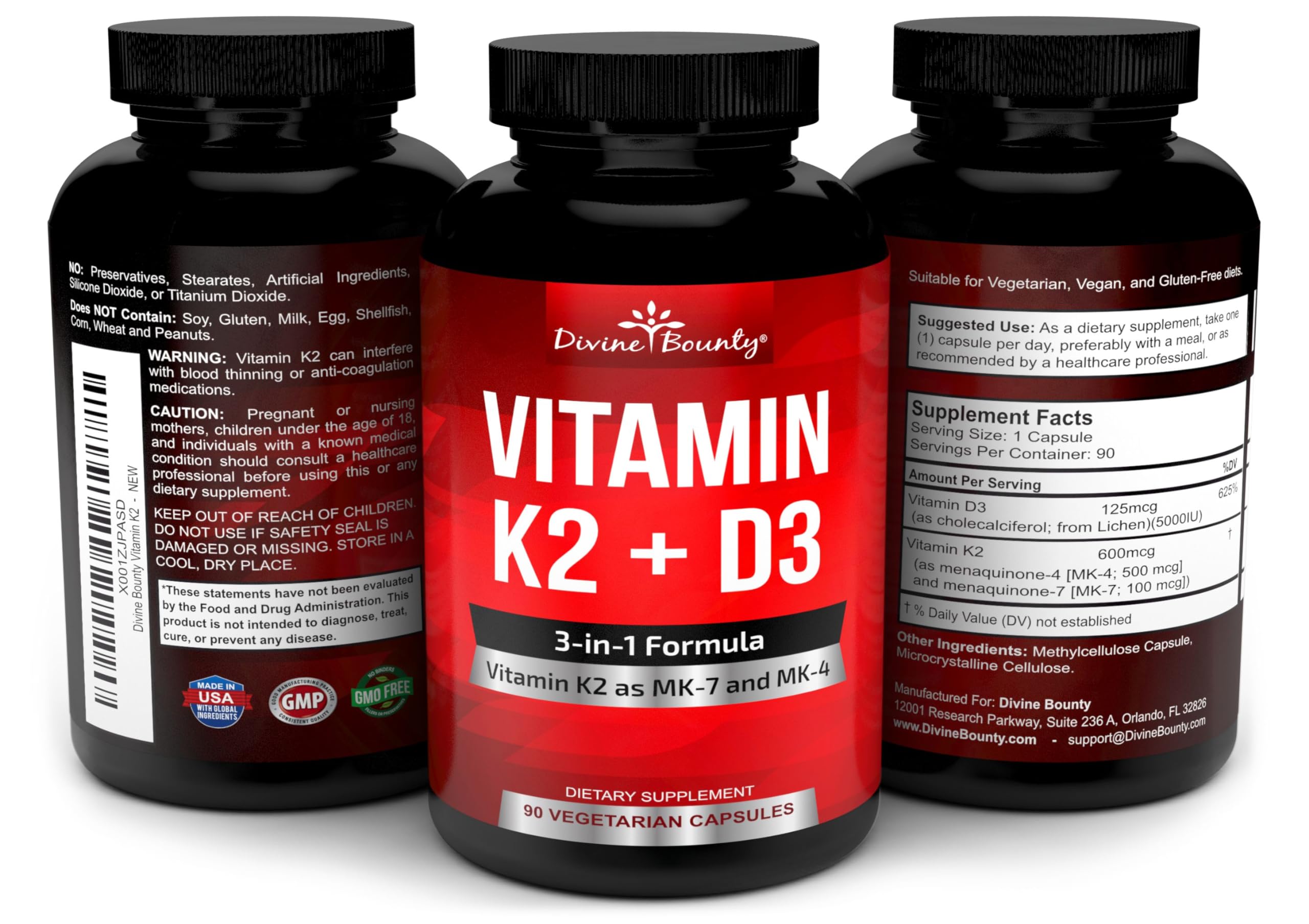 Divine Bounty bottle with non-GMO and vegan friendly claim.