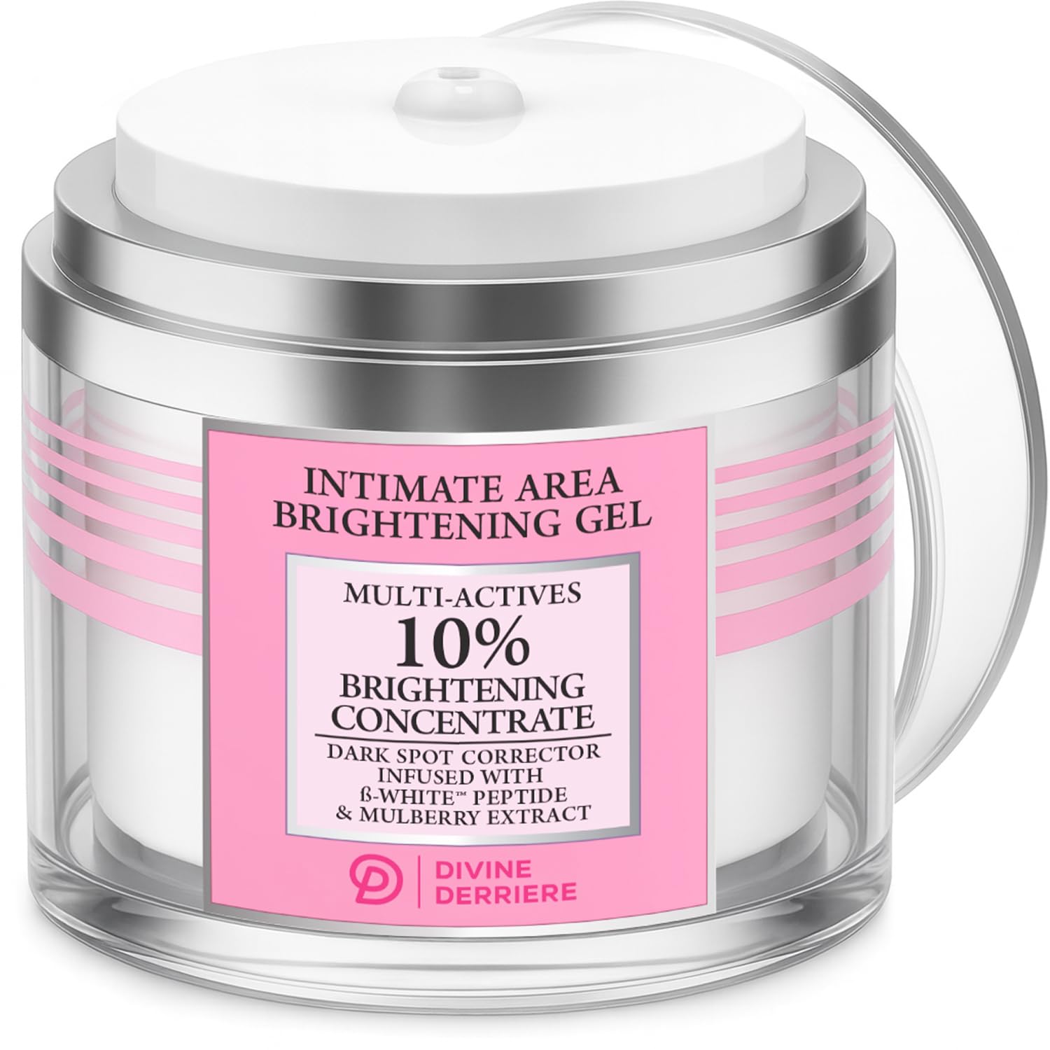 Divine Derriere dark-spot cream bottle shows formula for achieving more even skin tone.