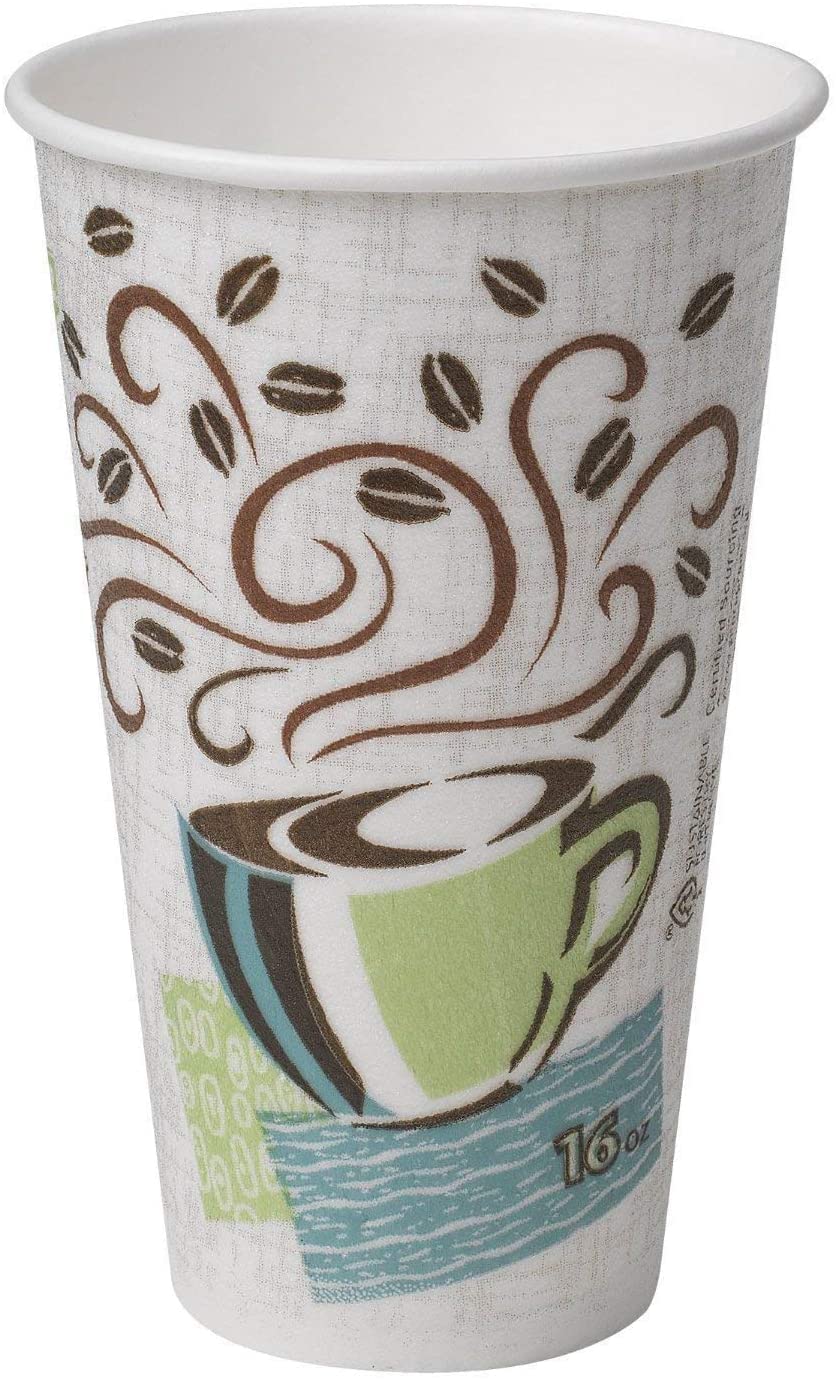 Dixie Perfectouch insulated hot cup with coffee haze design keeps drinks warm on the go.