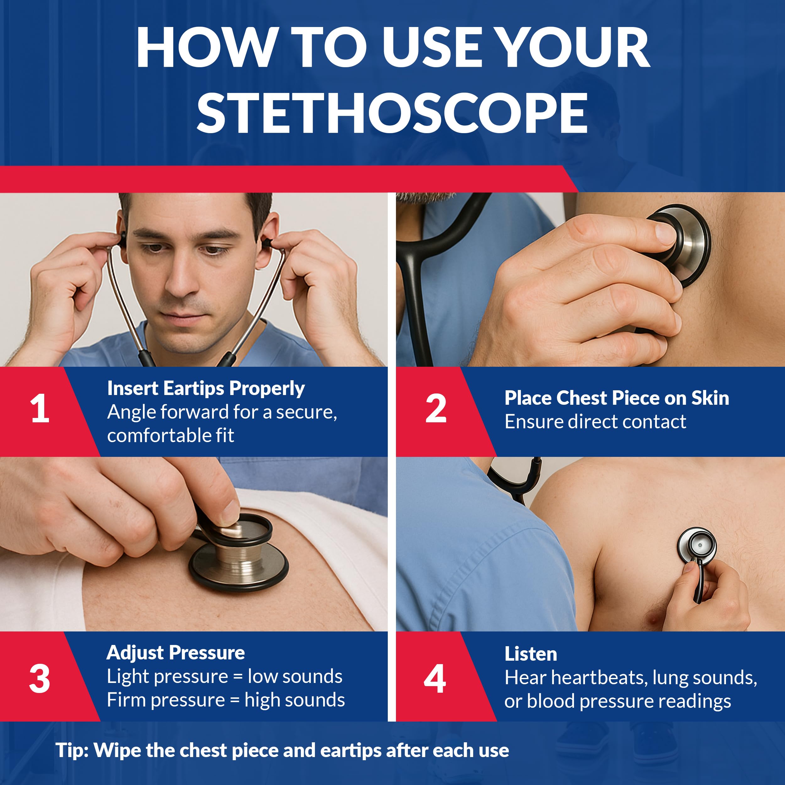 Slim stethoscope head fitting under cuff during measurements
