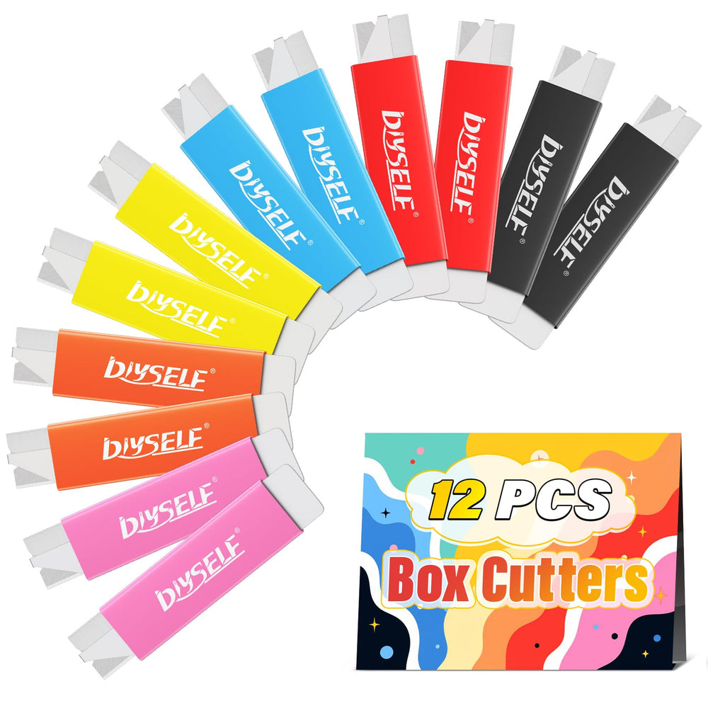DIYSELF box cutter 12-pack with retractable blades for precise opening tasks.