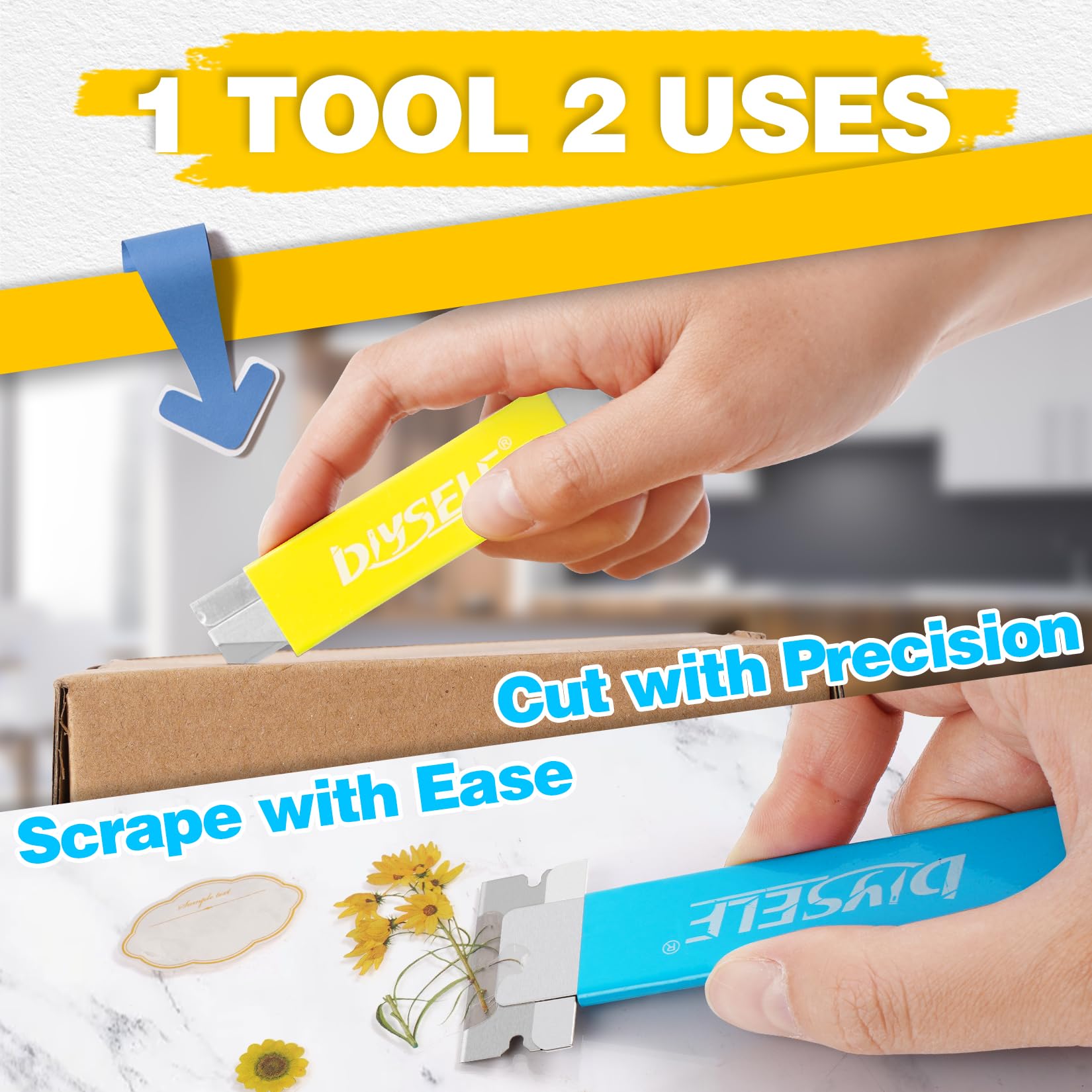 DIYSELF high carbon steel blades deliver clean cuts on cardboard and plastics.