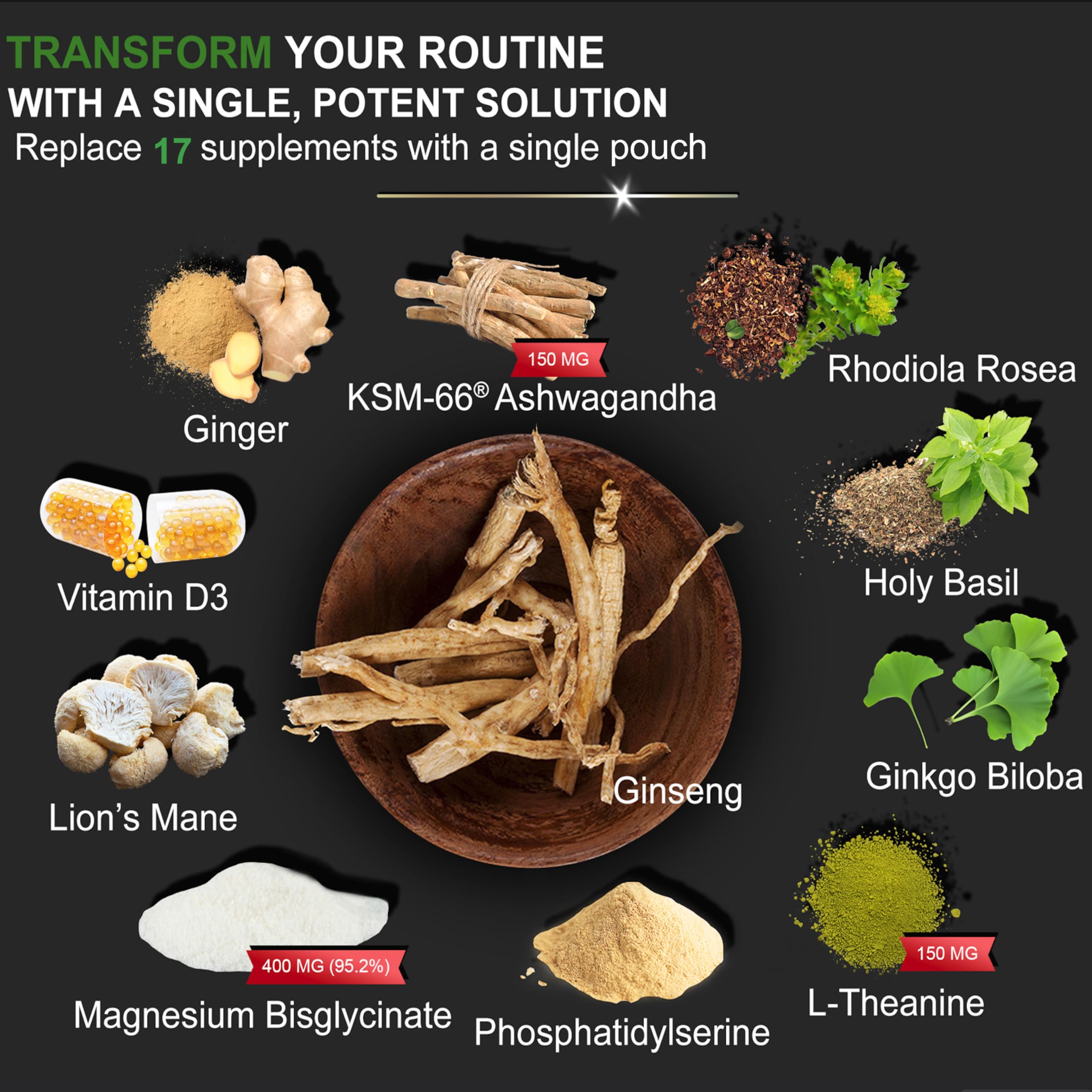 DLNIA 17-in-1 blend label highlights key ingredients.