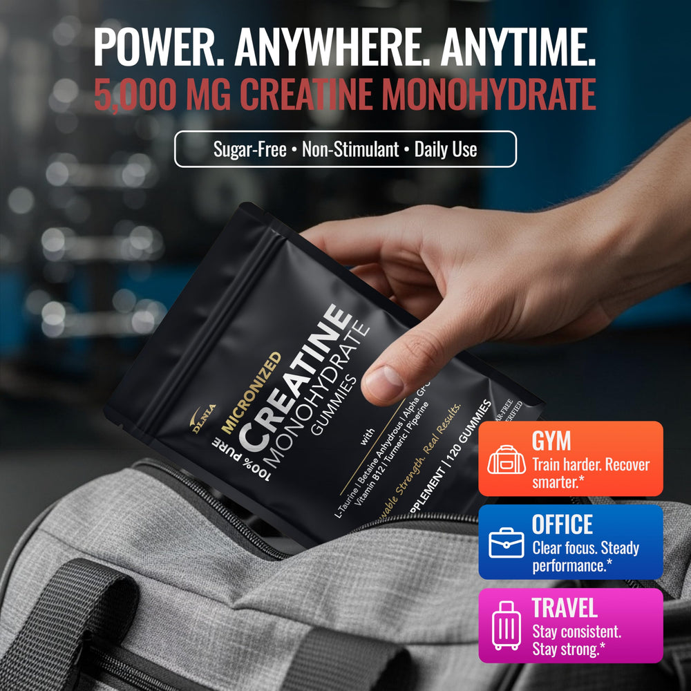 DLNIA blueberry flavor gummies close-up signals tasty pre-workout option.