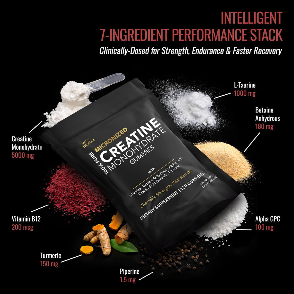 DLNIA Creatine Monohydrate Gummies close-up shows chewy texture for on-the-go supplementation.