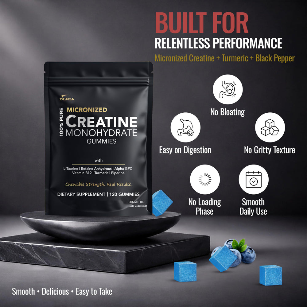 DLNIA Creatine Monohydrate Gummies pack shot highlights 120 gummies for a 30-day supply.