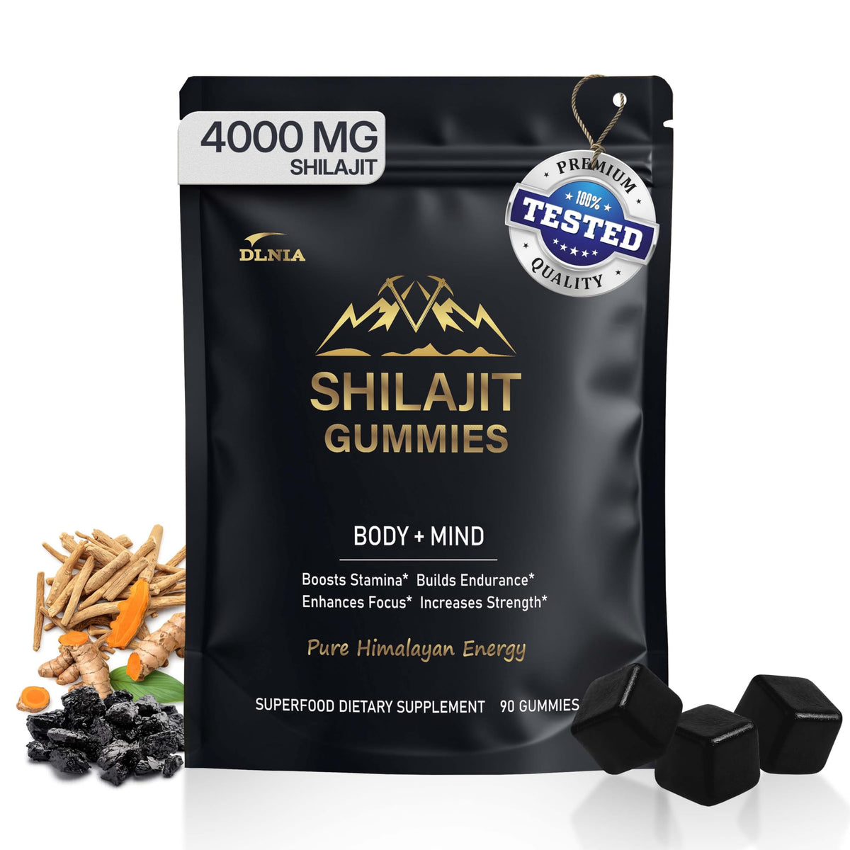 DLNIA Shilajit Gummies bottle shows a 13-in-1 formula for daily energy.