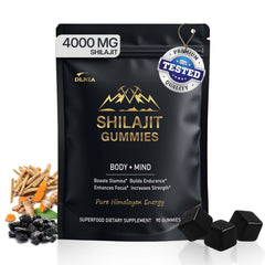 DLNIA Shilajit Gummies bottle shows a 13-in-1 formula for daily energy.