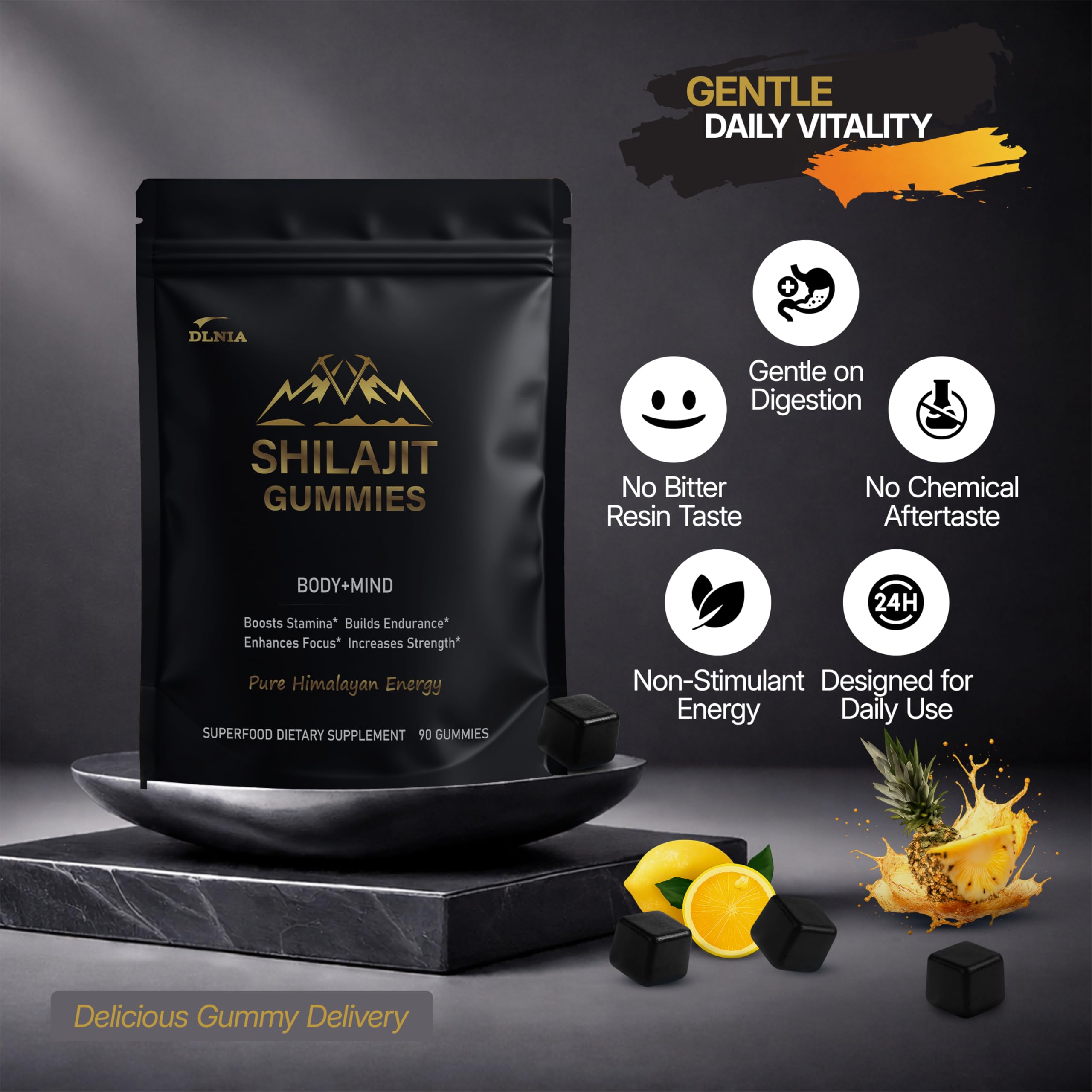 Close-up of DLNIA gummies texture suggests a pleasant, sugar-free bite.