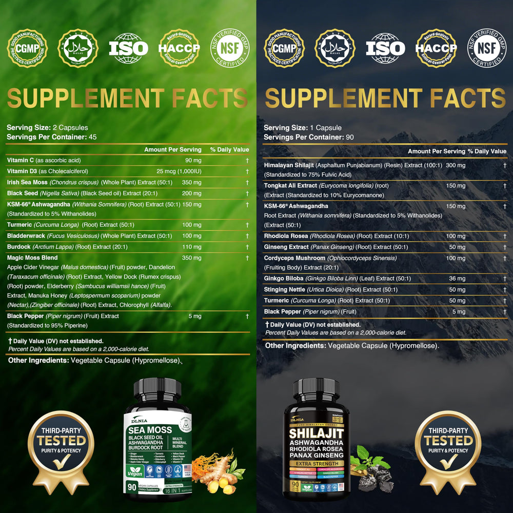DLNIA Shilajit-Sea-Moss 8-in-1 formula image highlights versatile wellness support.