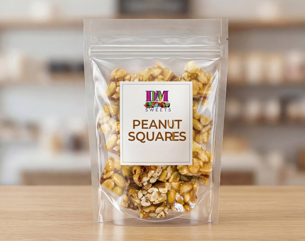 DM Sweets Roasted Peanuts Squares offer rich peanut taste in bite-sized pieces