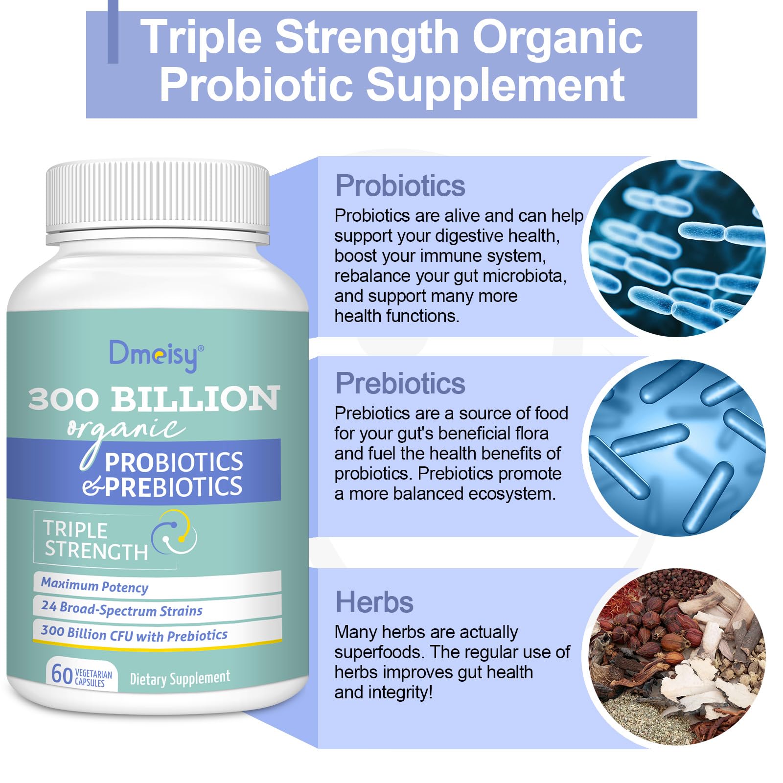 Organic herb prebiotic complex enhances gut wellness and daily energy with probiotics.