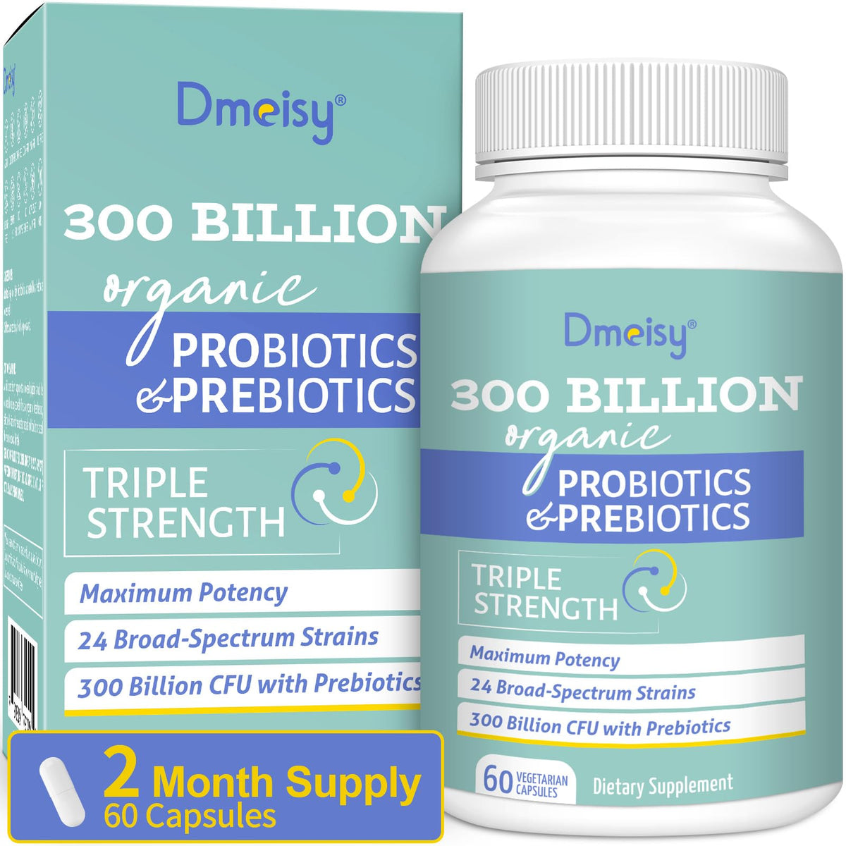Dmeisy probiotic bottle shows 300B CFU and 24 strains for gut balance.