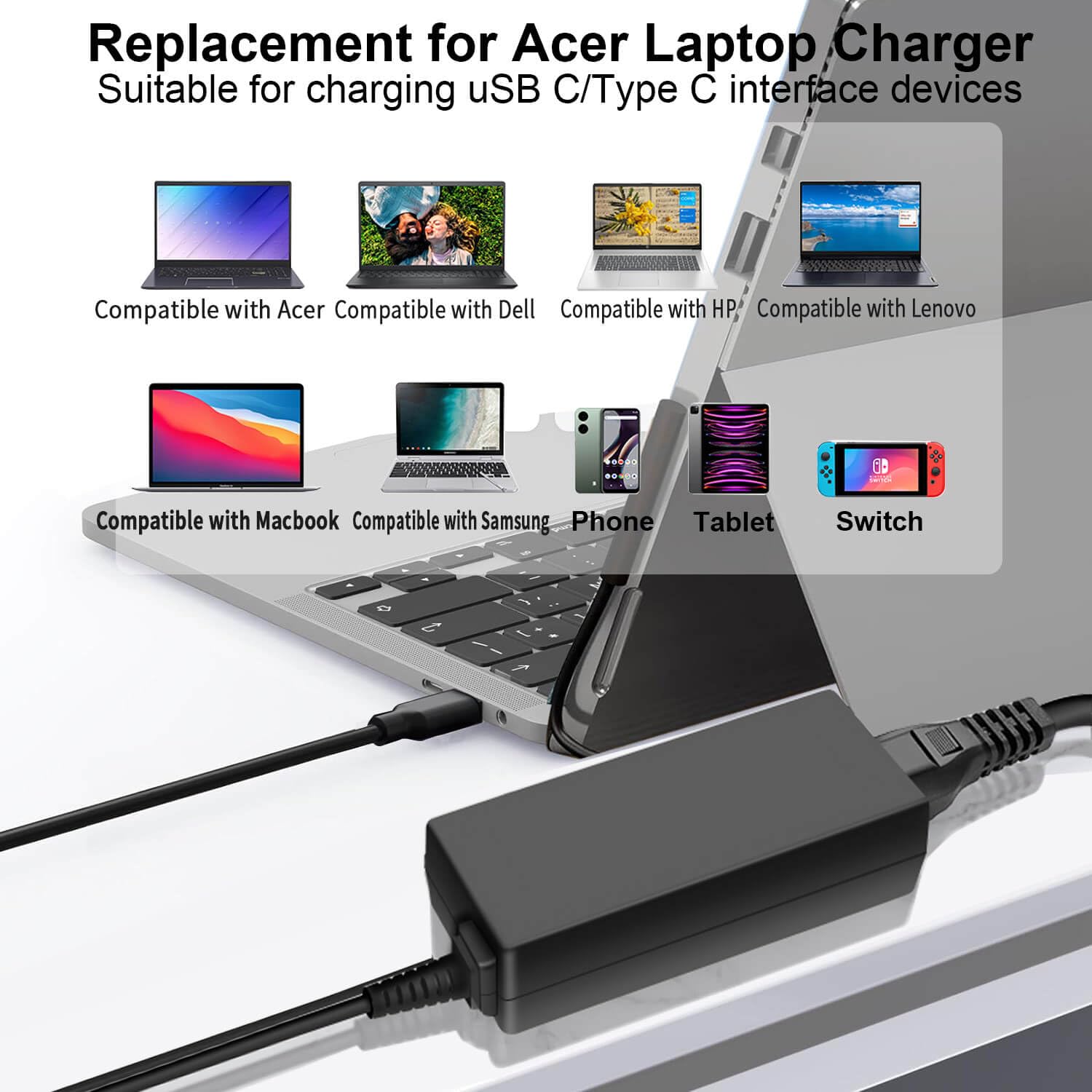 DMKAOLLK 45W USB-C charger for Acer Spin 13 delivers fast charging