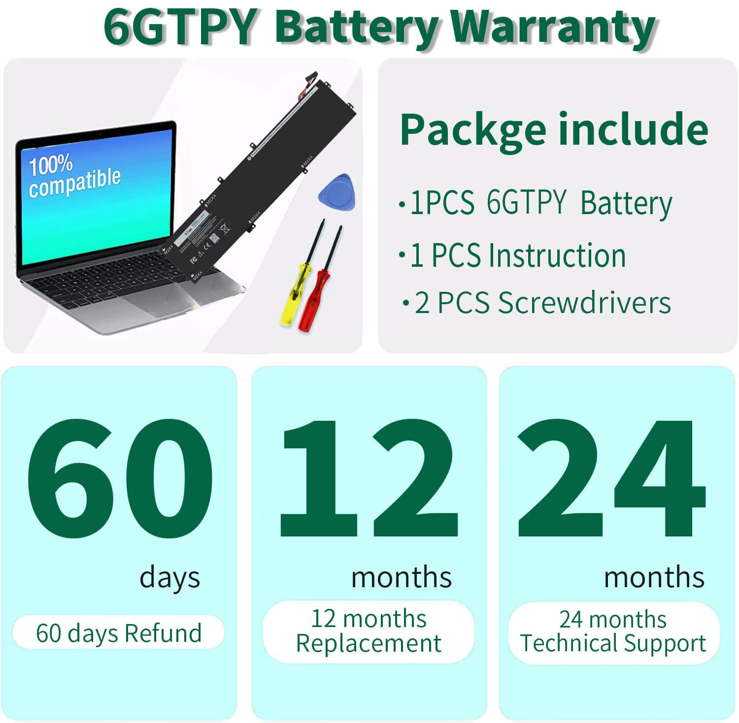DMKAOLLK 97Wh 6GTPY battery with included screwdrivers for easy installation
