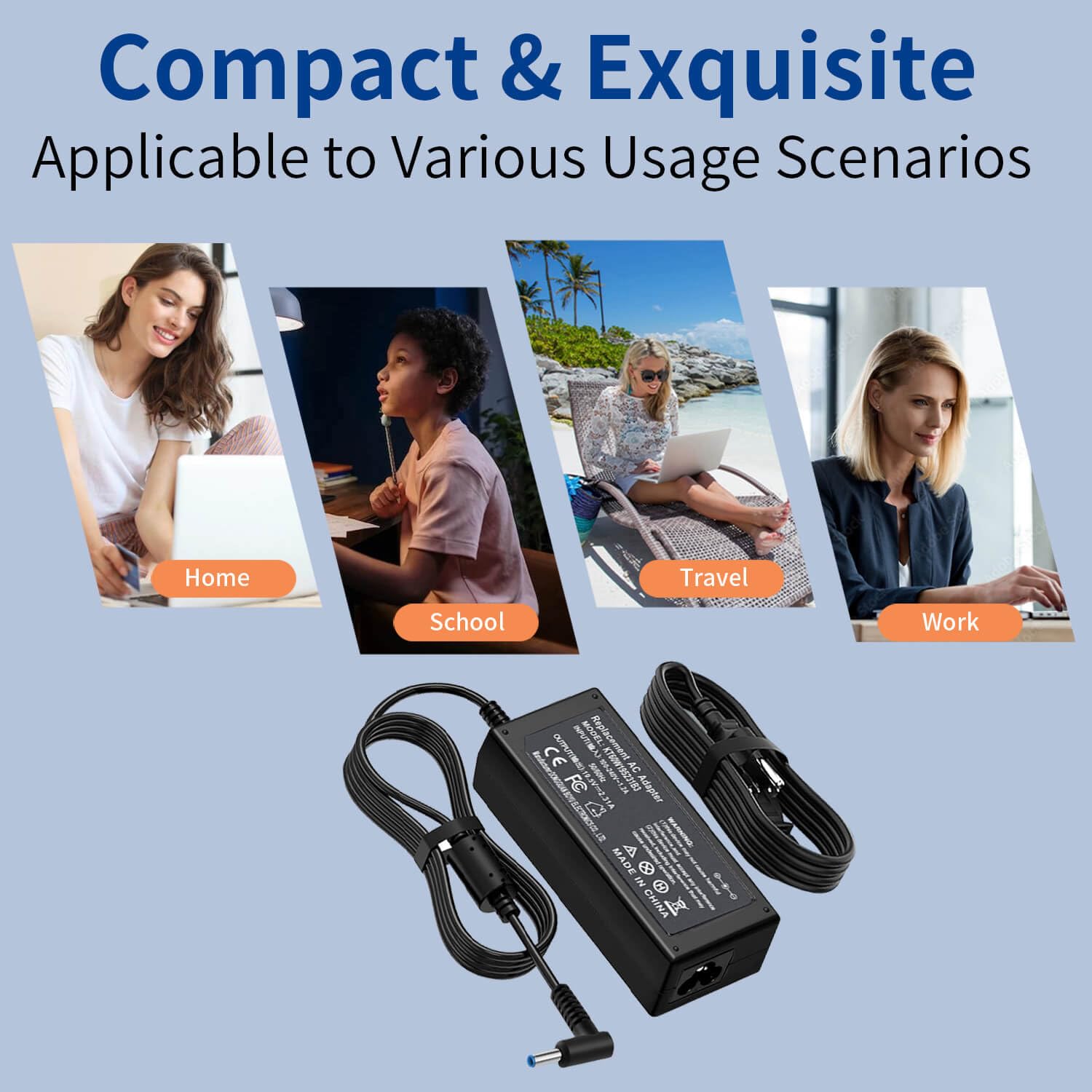 Blue-tip end of DMKAOLLK charger shows proper fit for HP laptops