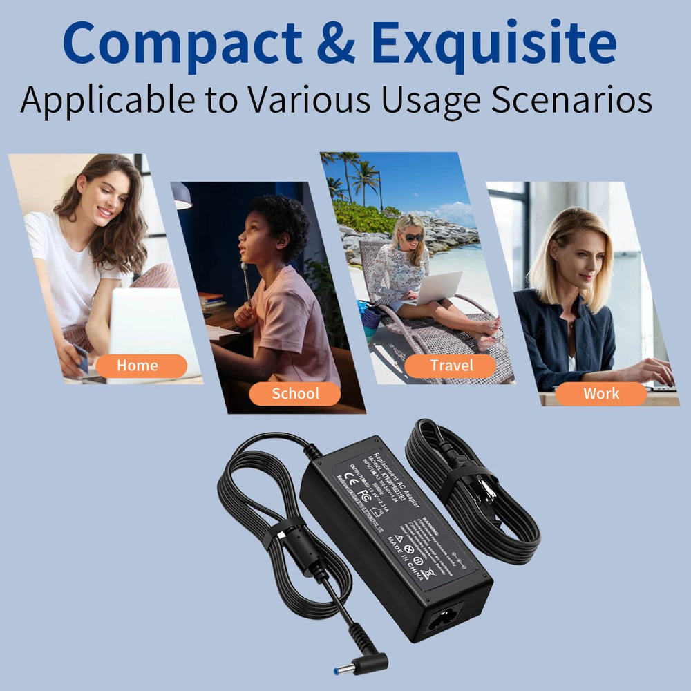 Blue-tip end of DMKAOLLK charger shows proper fit for HP laptops