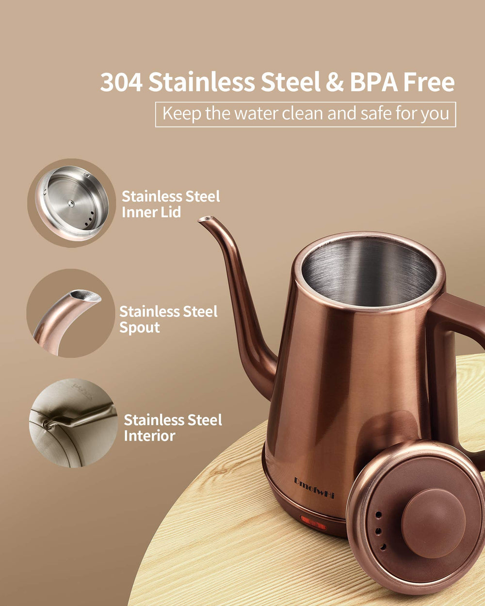 DmofwHi 304 stainless interior for durable, clean-tasting water