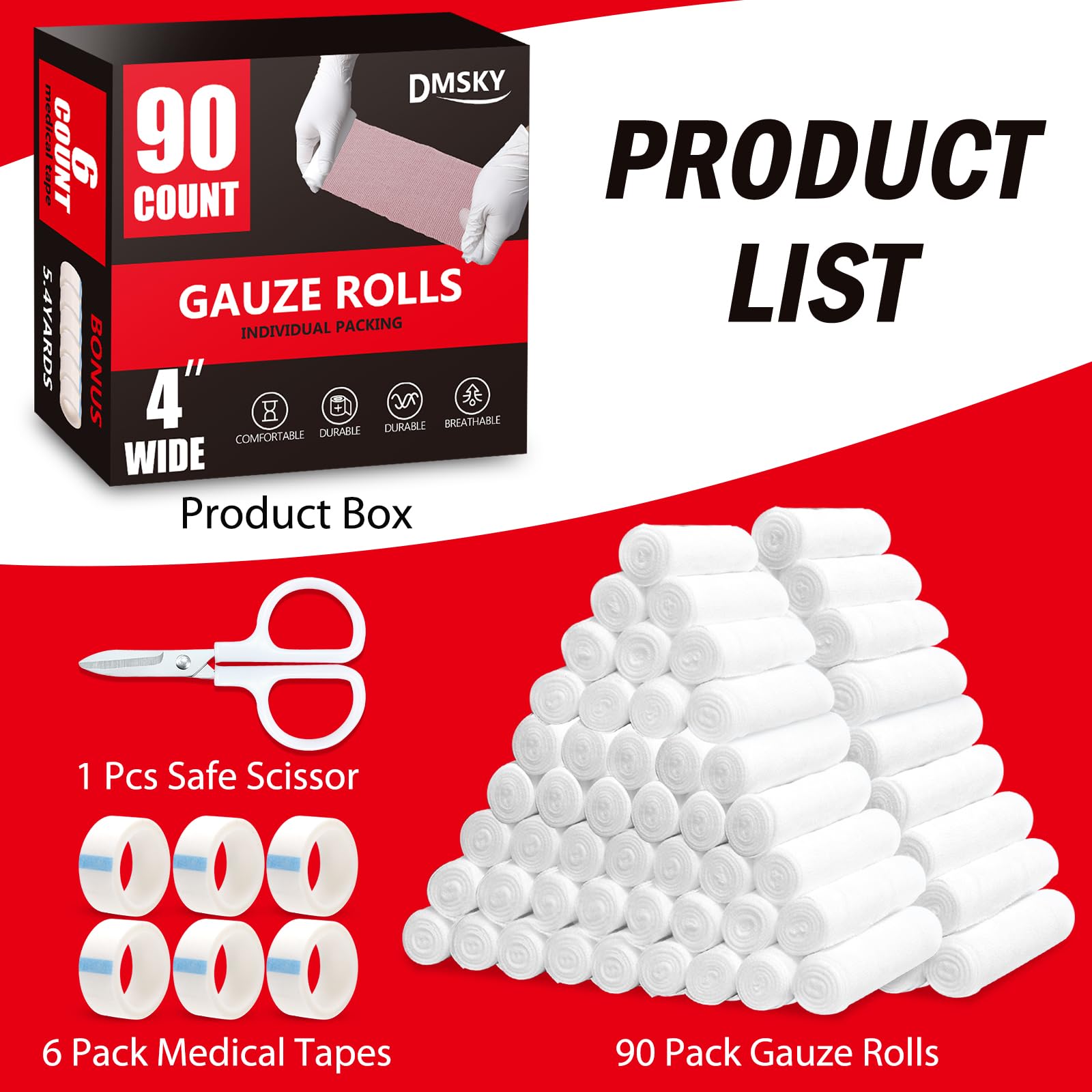 DMSKY gauze rolls 4in x 4.1yd soft material ideal for comfortable wound coverage.