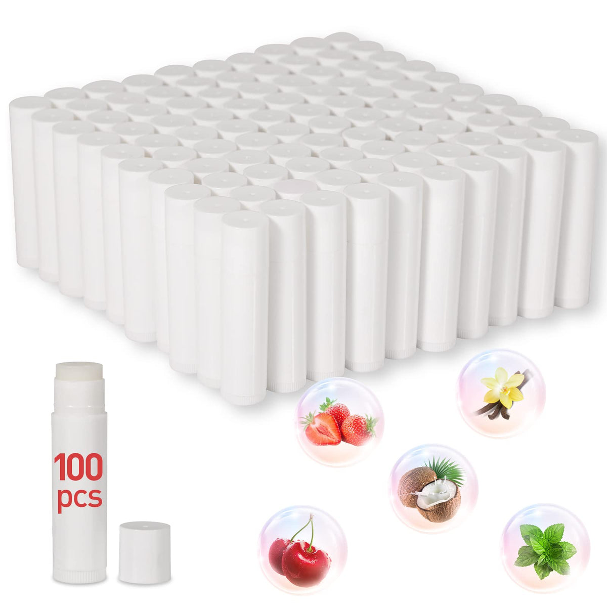 DMSKY lip balm bulk 100-pack front view with five flavors for bulk purchase.