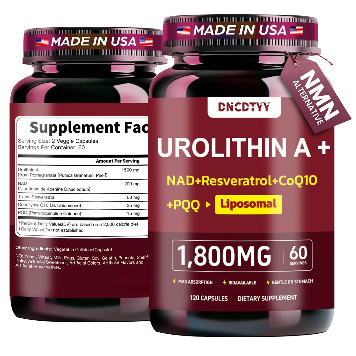 DNCDTYY Urolithin A + NAD liposomal capsules bottle for convenient daily dose.
