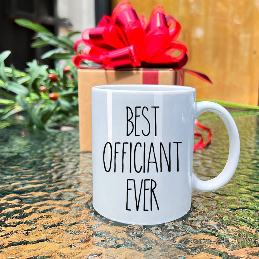 Dnuiyses wedding officiant mug back view showing thank you note; sturdy ceramic