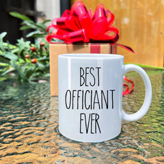 Dnuiyses wedding officiant mug back view showing thank you note; sturdy ceramic