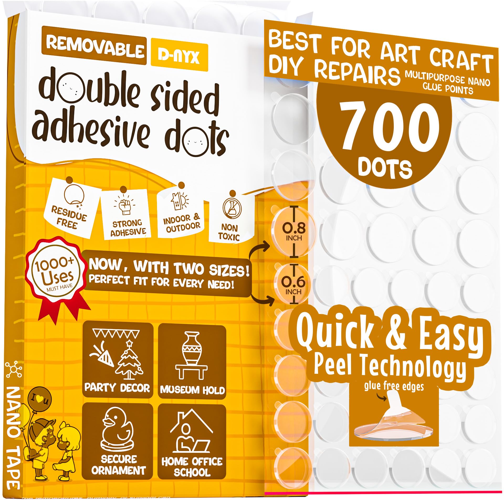 D-NYX double-sided dots pack for versatile mounting with residue-free removal.
