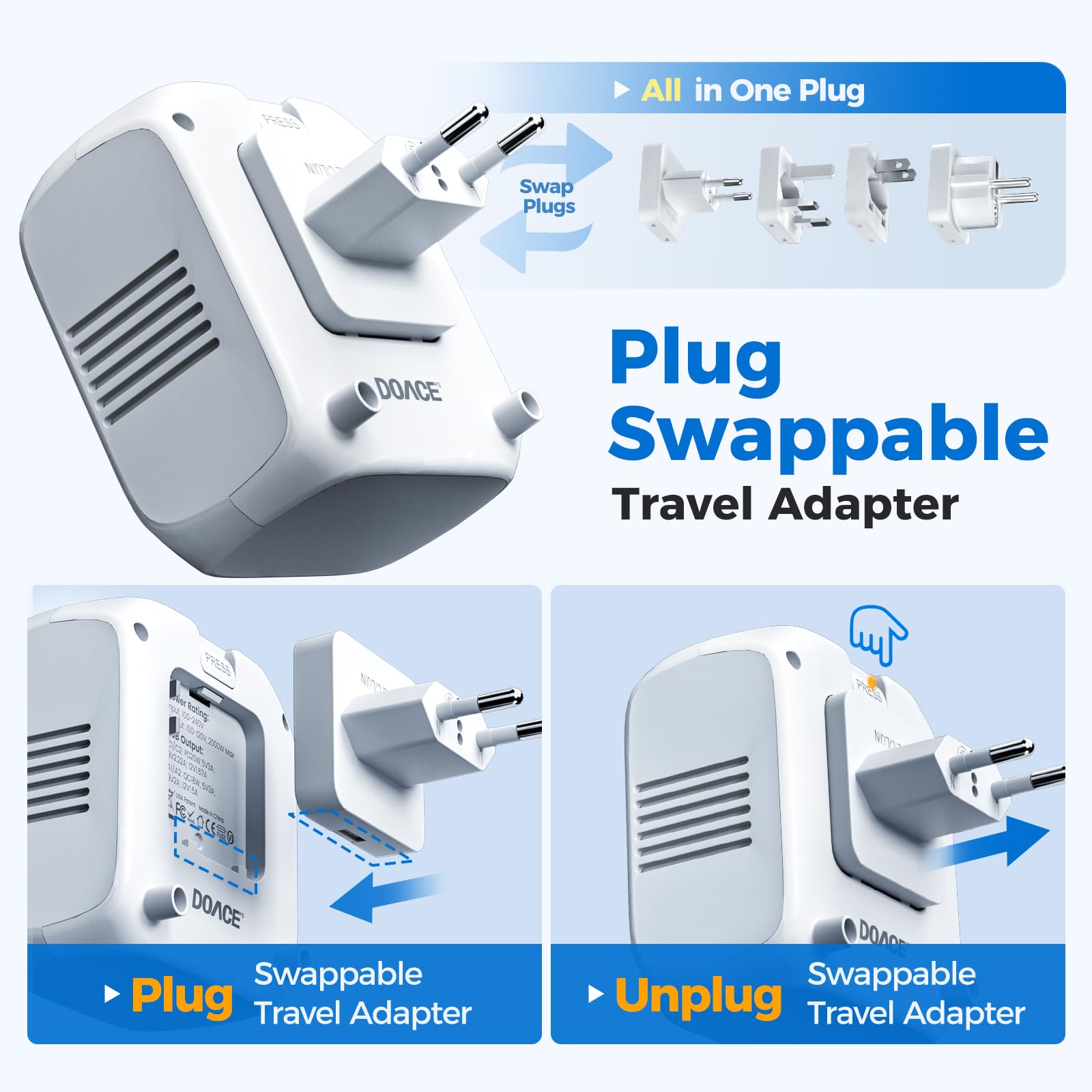 DOACE hair-dryer-ready 2000W support for high-power devices abroad.