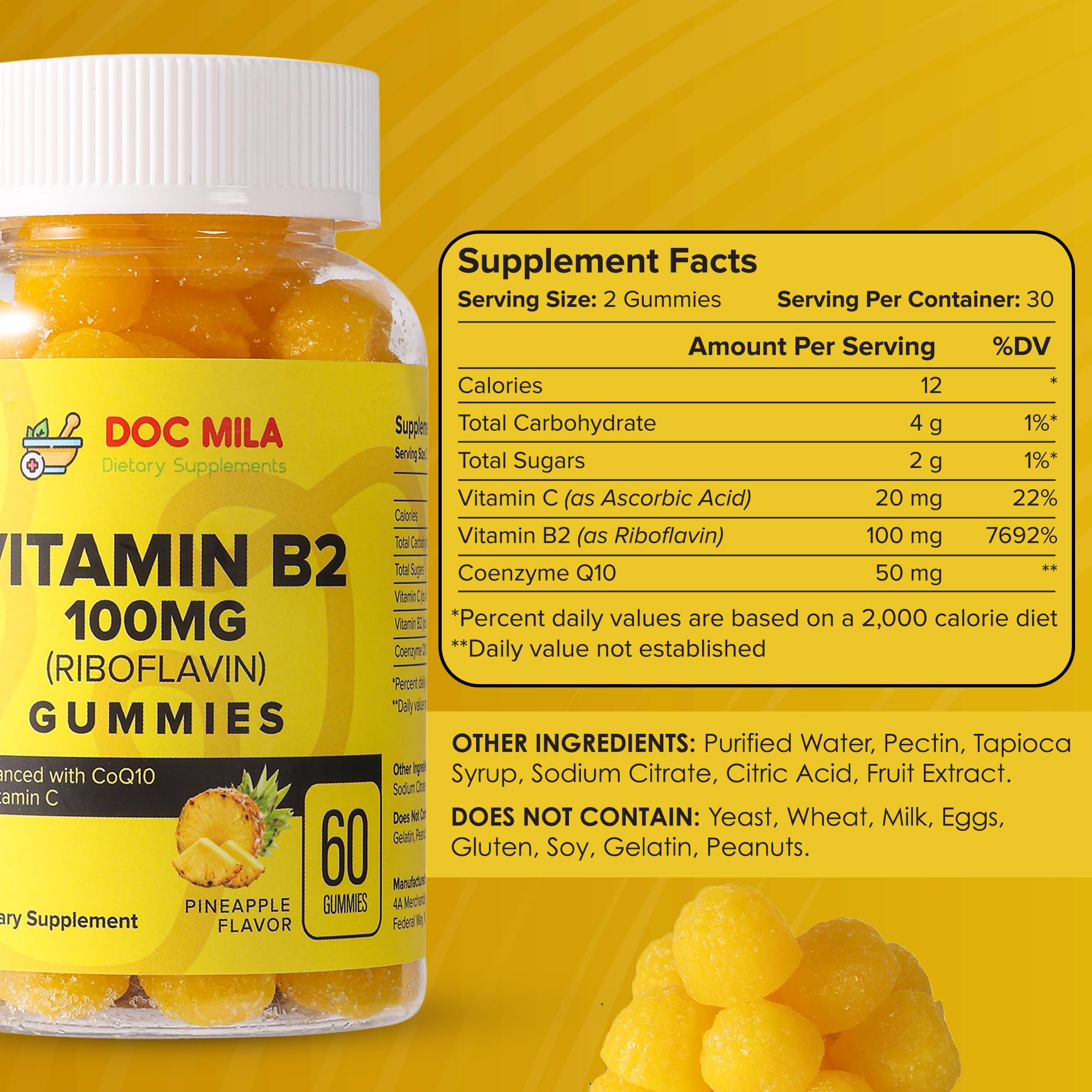 Doc Mila Vitamin B2 gummies close-up highlighting chewy texture and pineapple flavor.