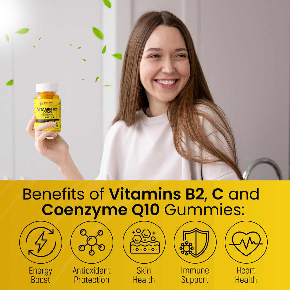 Doc Mila Vitamin B2 gummies on-the-go packaging for busy days.