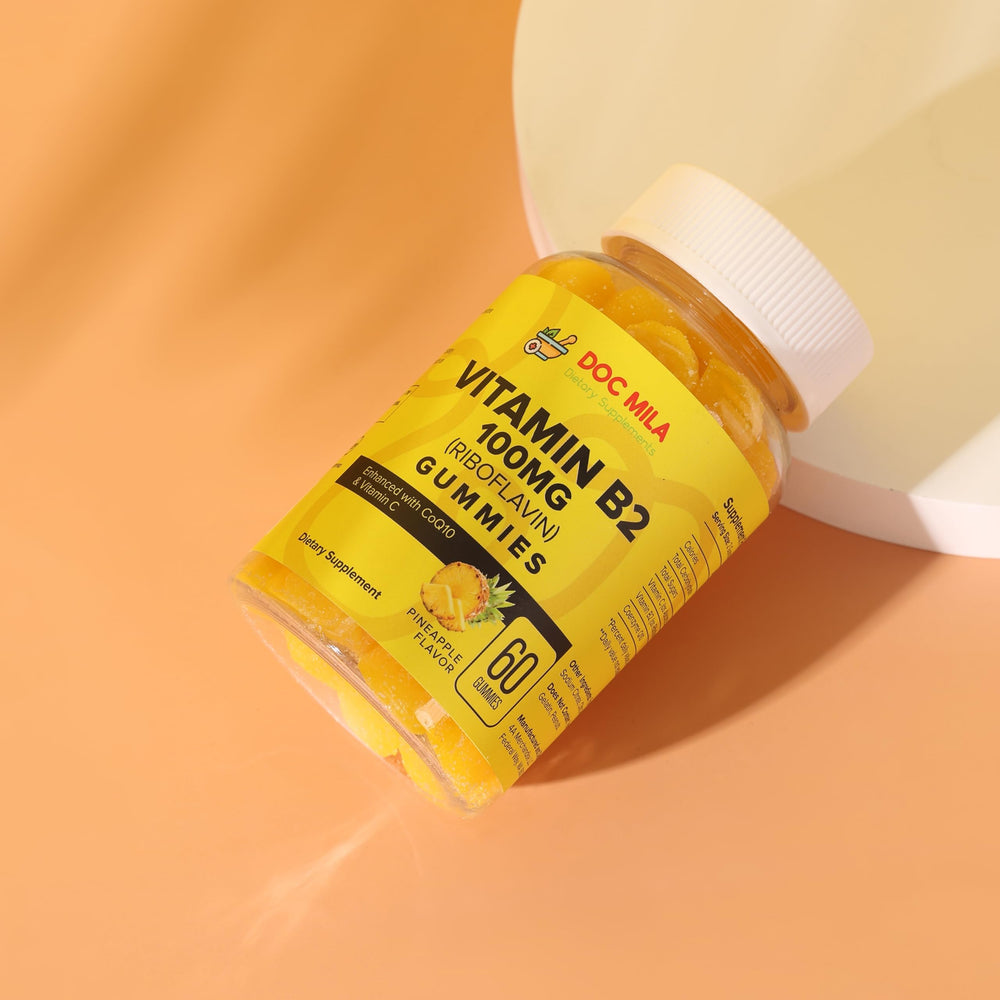 Doc Mila Vitamin B2 gummies pineapple flavor label indicating 100 mg per serving.